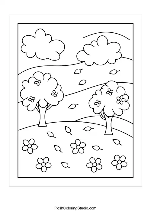 Two trees and clouds in a hilly landscape with flowers.
