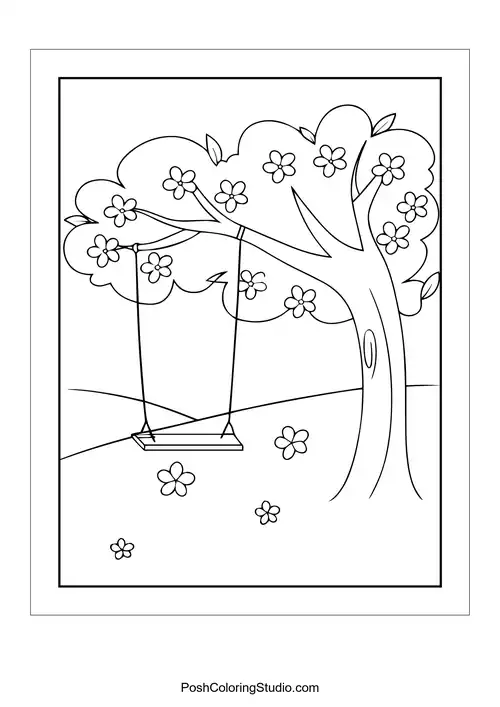 A swing hanging from a flowering tree.