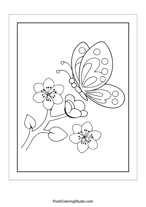 A butterfly resting on a branch with flowers.