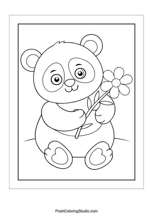 A panda holding a flower with a smiling expression.