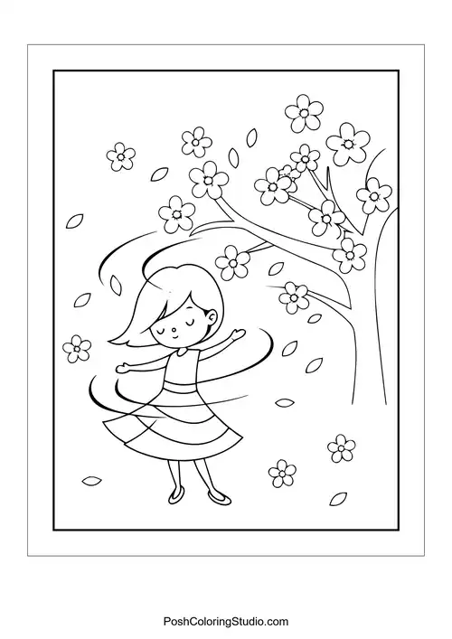 A girl dancing under a cherry blossom tree with falling petals.