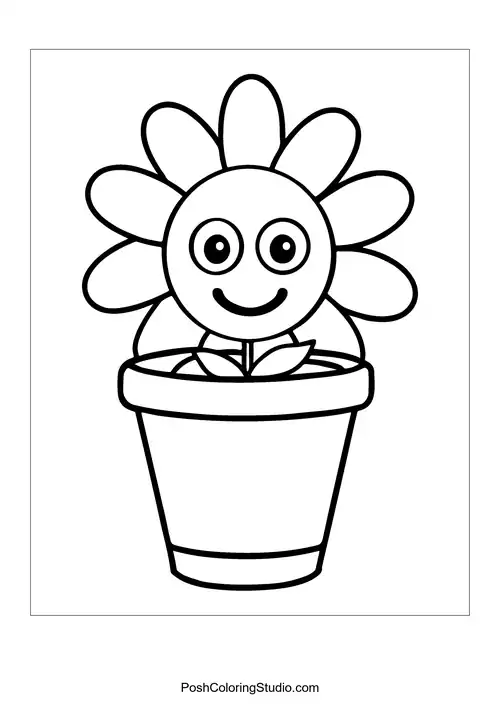 A flower pot with a smiling flower.