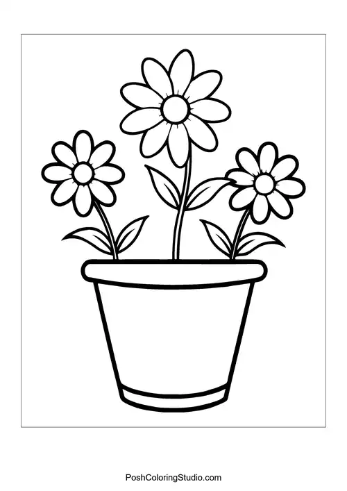 A flower pot with three daisies and leaves.