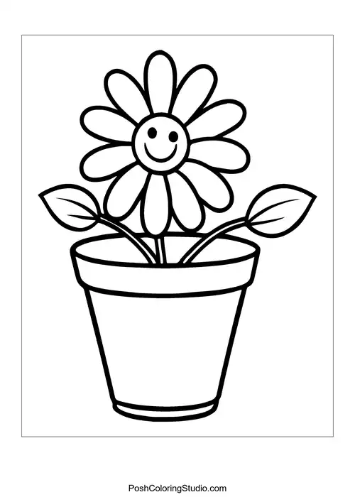 A flower pot with a single smiling flower.