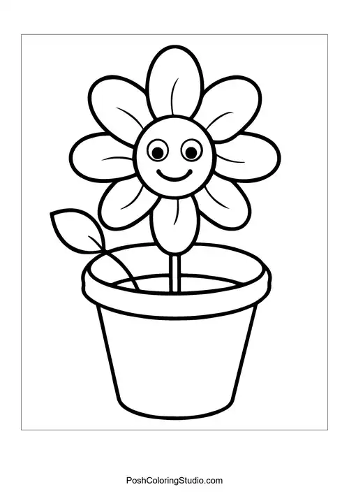 A flower pot featuring a smiling flower with a round face.