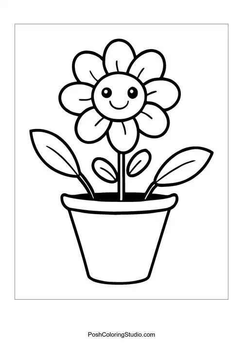 A flower pot with a smiling flower and two leaves.