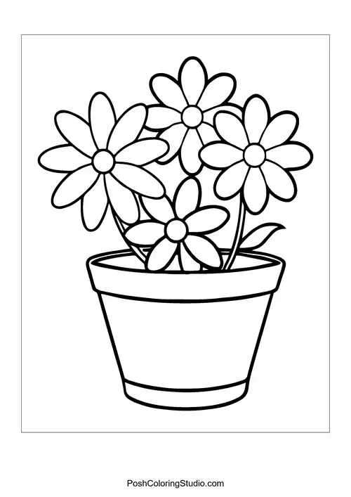 A flower pot with four daisies in full bloom.