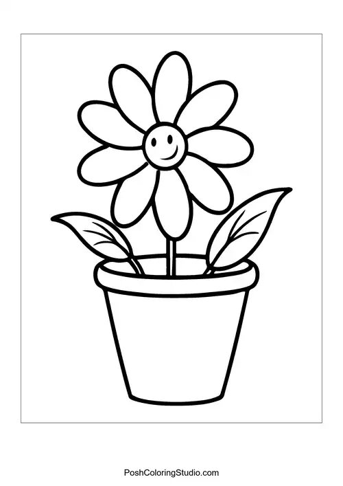 A flower pot with a single smiling flower and large leaves.