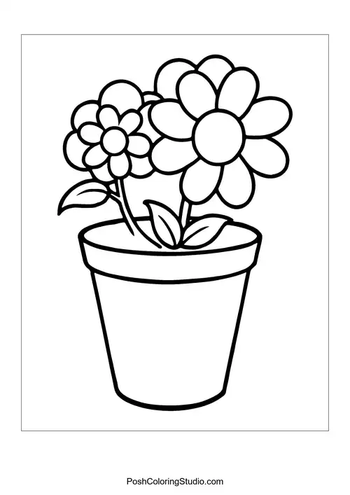 A flower pot with two flowers, one large and one small.