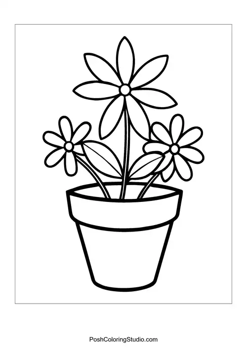 A flower pot with three flowers of varying sizes.