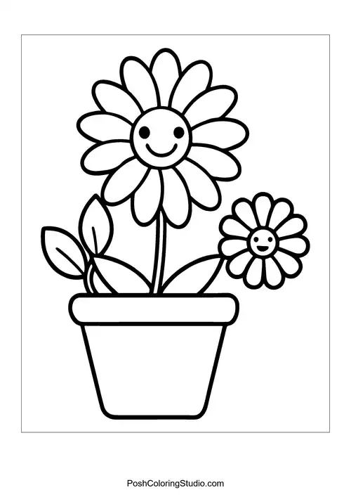 A flower pot with a smiling flower.