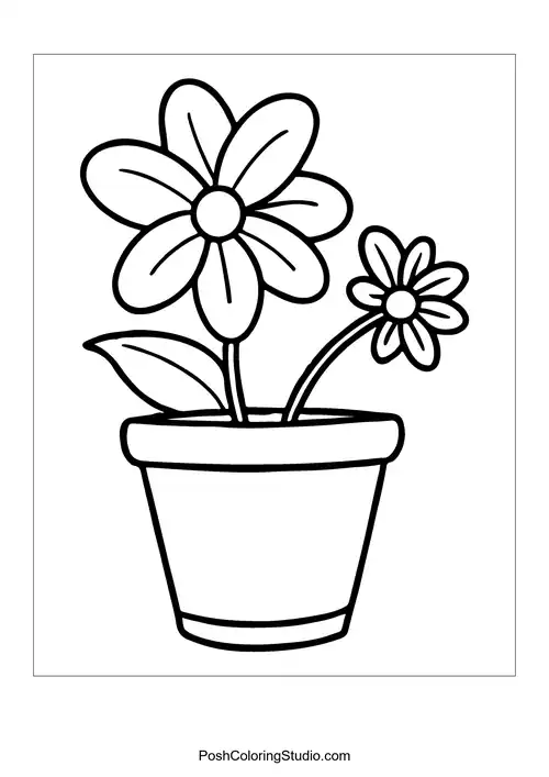 A flower pot with a large flower and a small flower.