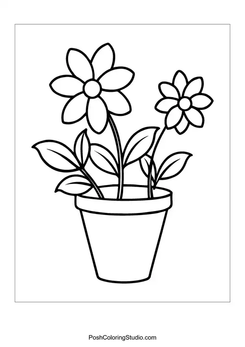 A flower pot with a large flower and two leaves.