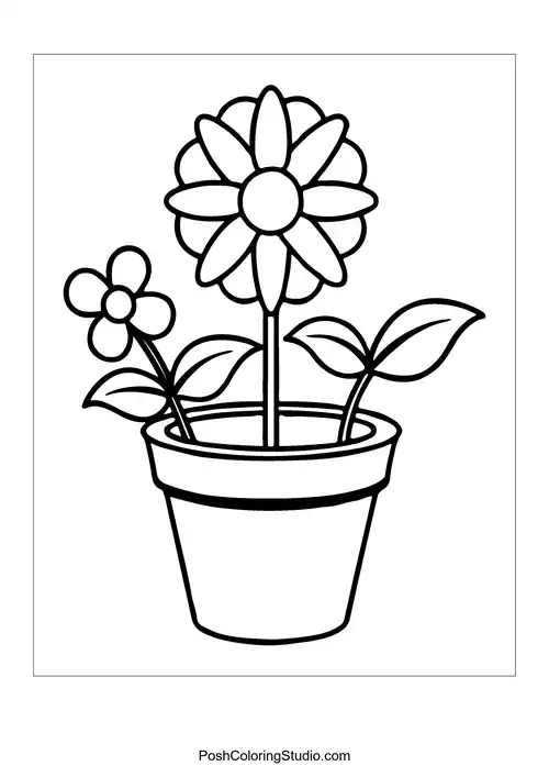 A flower pot with two flowers, each with a smiling face.