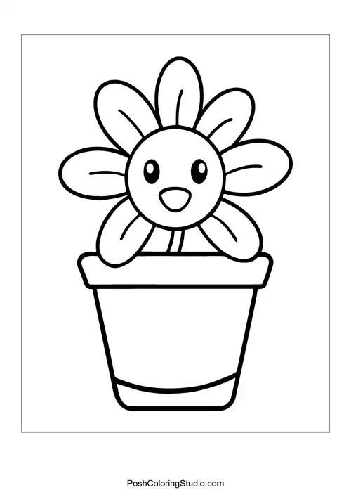 A flower pot with a single large flower and two leaves.