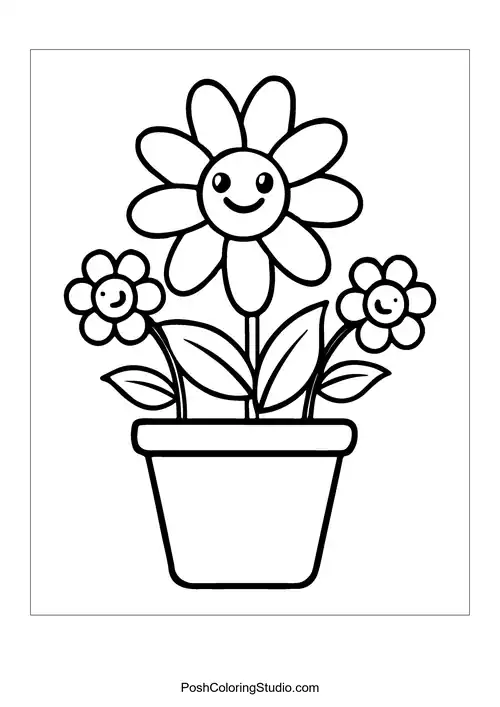 A flower pot with three flowers, each with a smile.