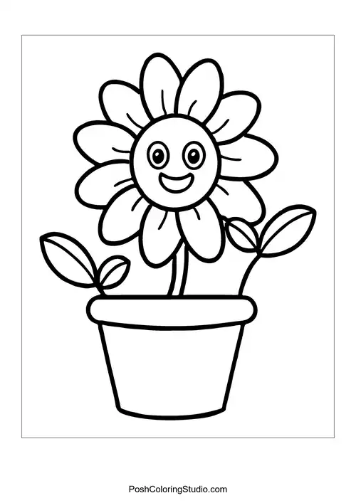 A flower pot with three smiling sunflowers.