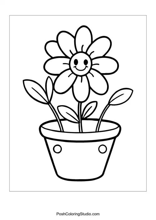 A flower pot with two large flowers and leaves.