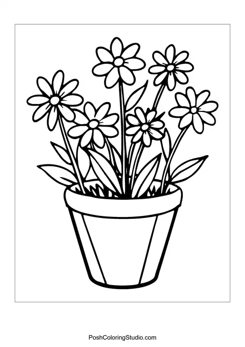 A flower pot with two sunflowers and large leaves.