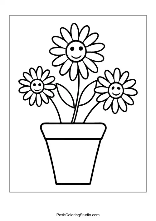 Three smiling flowers in a pot with a simple design.