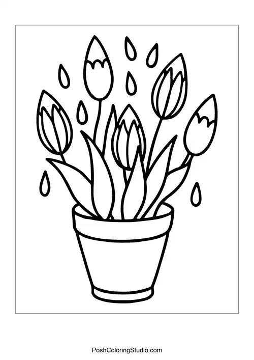 Five tulips in a pot with raindrops around them.
