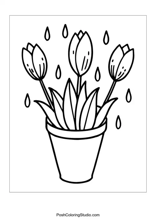 Three tulips in a pot with raindrops, slightly different from the previous.