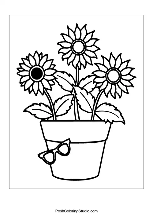 Three sunflowers in a pot with sunglasses.