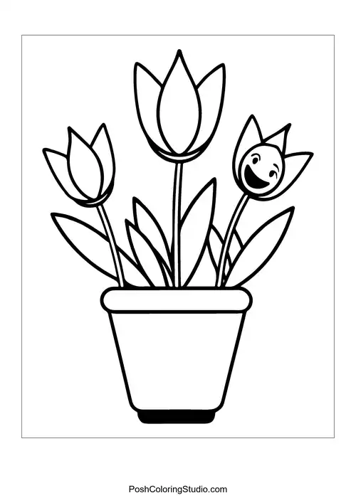 Three tulips in a pot, one with a smiling face.