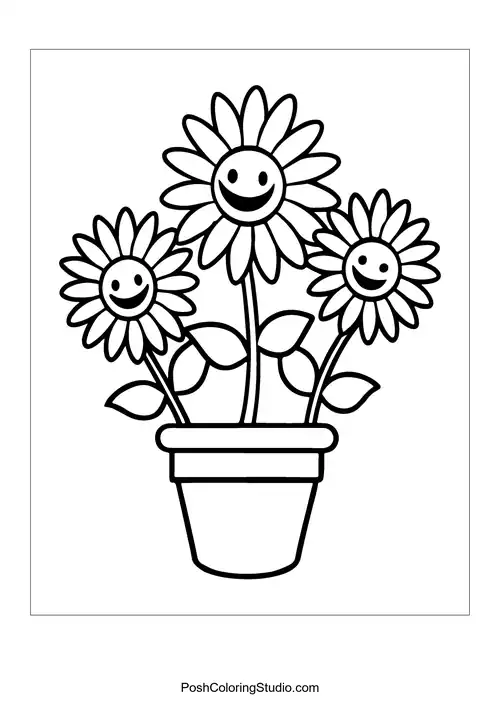 Three smiling sunflowers in a pot.
