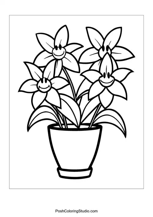 Four smiling flowers in a pot with a simple design.