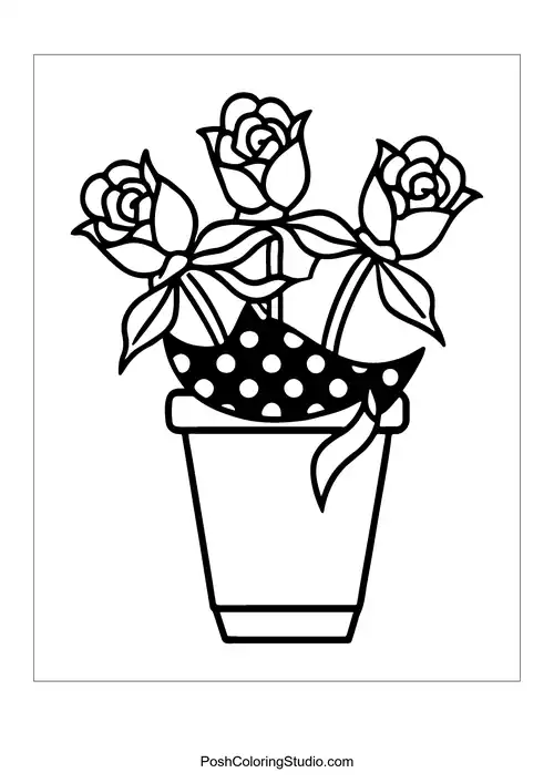 Three tulips in a pot tied with a bow.