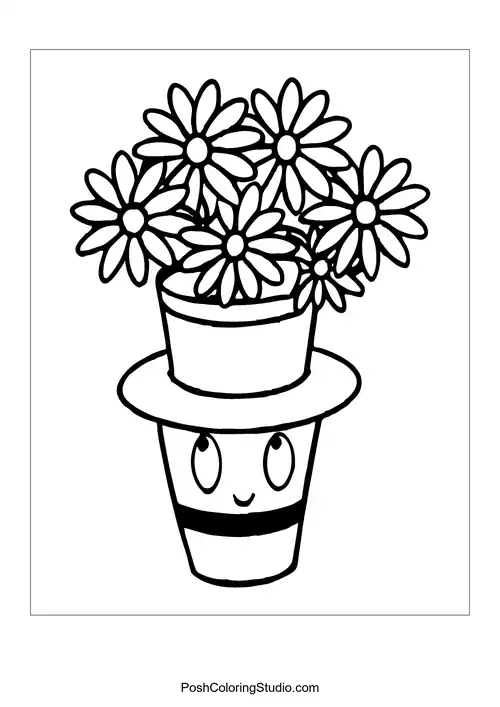 Three sunflowers in a pot with a simple design.