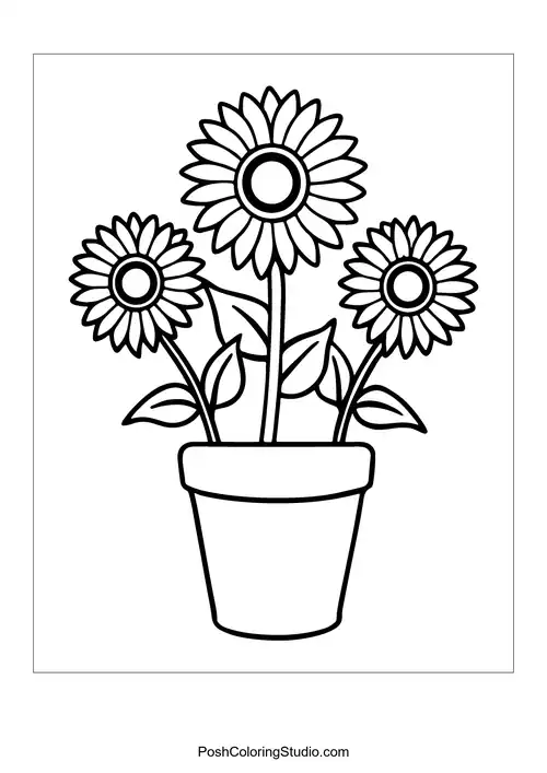 Two sunflowers in a pot with a simple design.