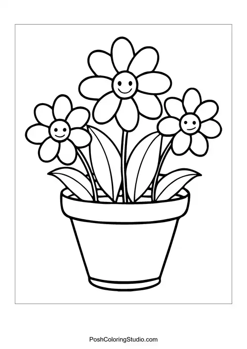 A flower pot with a smiling flower.