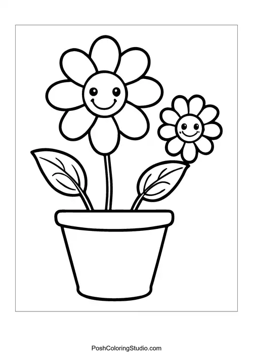 A flower pot with two flowers.
