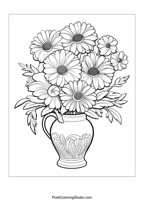 A vase filled with daisies and delicate foliage.