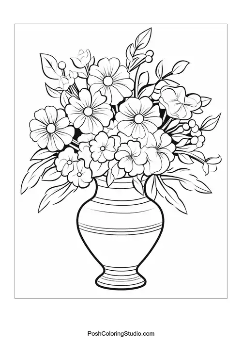 A decorative vase brimming with assorted flowers.
