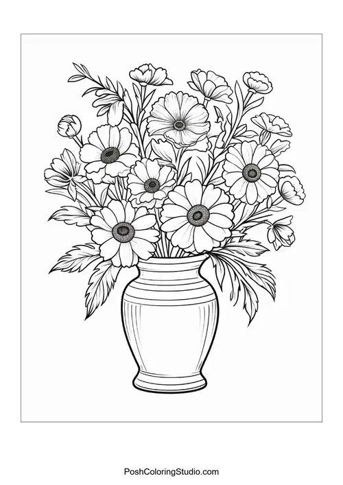 A vase filled with flowers and intricate leaf designs.