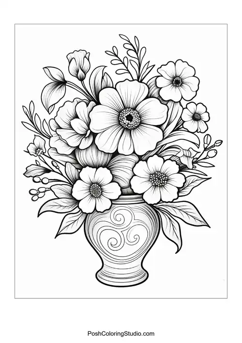 A vase adorned with a mix of flowers and leaves.