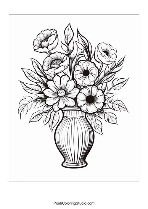 A vase filled with large flowers and delicate buds.