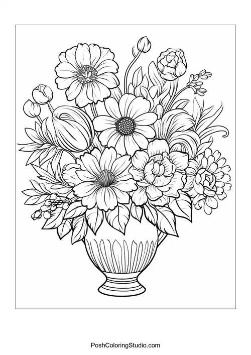 A decorative vase overflowing with various flowers.