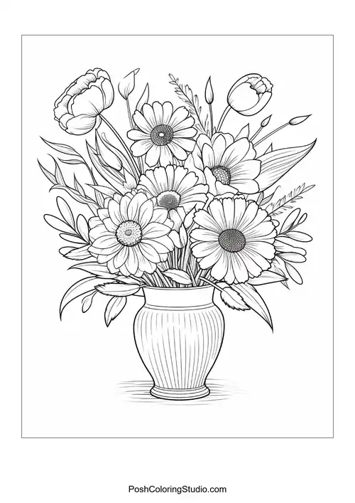 A vase brimming with assorted flowers and foliage.