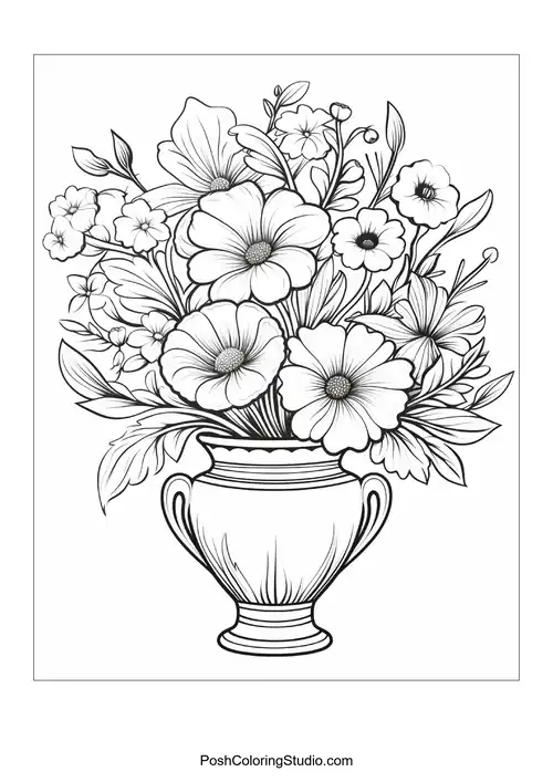 A vase filled with flowers and intricate leaf patterns.