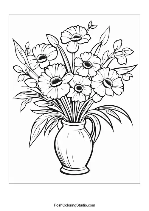 A decorative vase overflowing with assorted flowers.