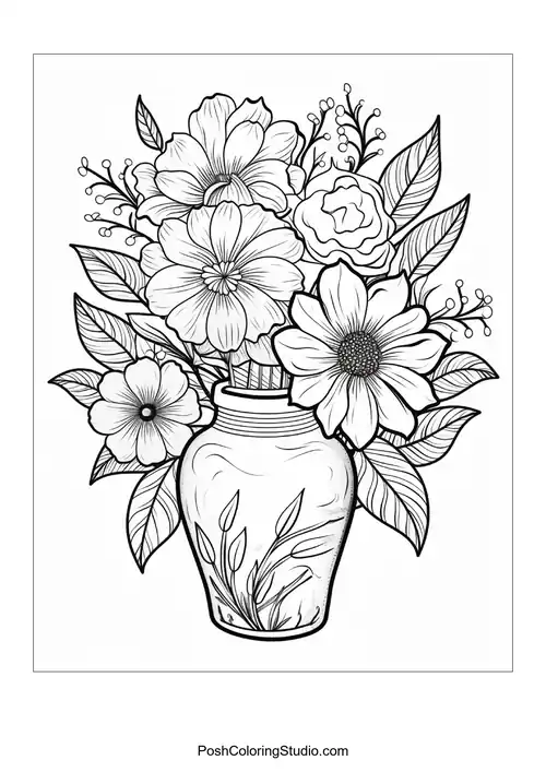 A vase filled with various flowers and leaves.