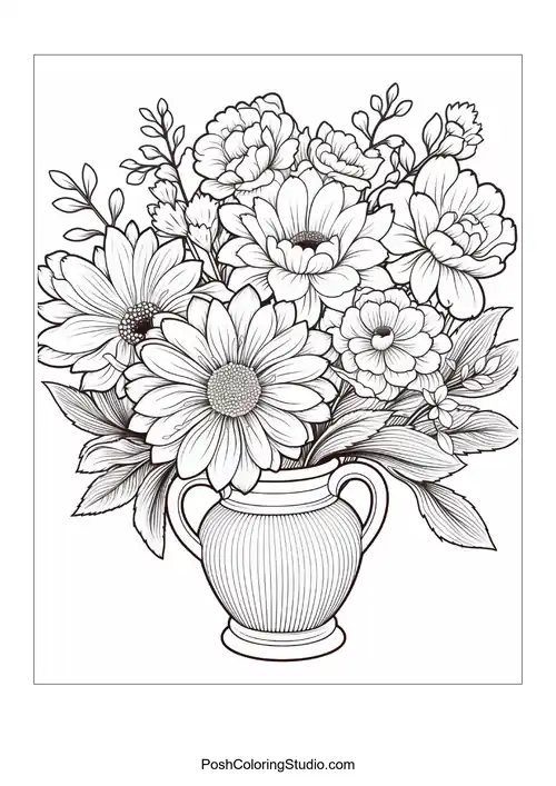 A vase filled with flowers and leafy accents.