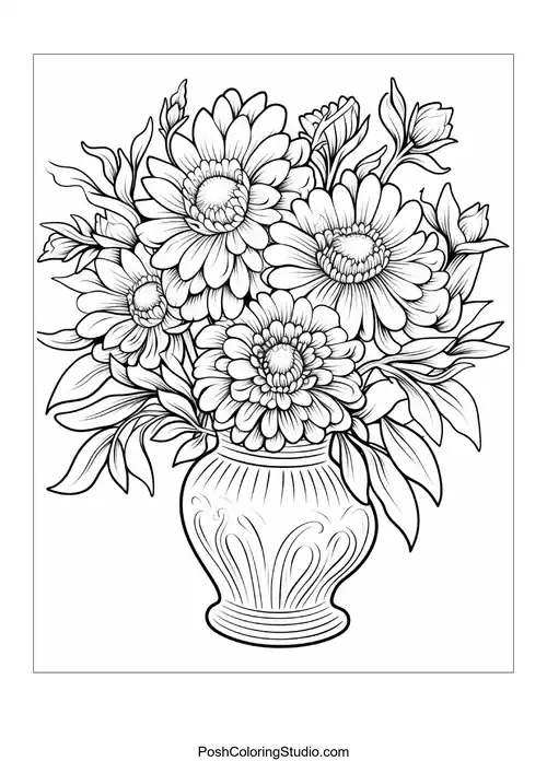 A vase brimming with assorted flowers and leaves.