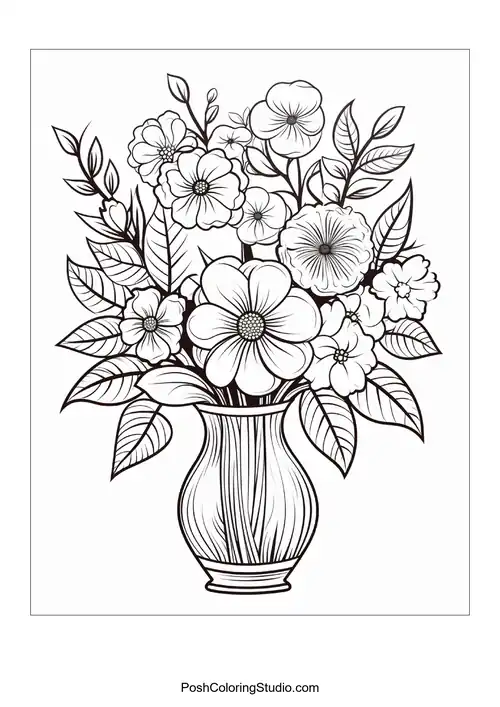 A vase filled with various flowers and leaves.