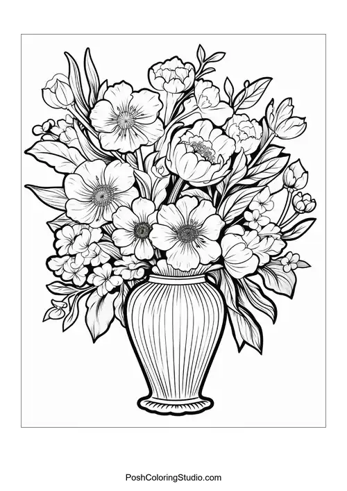 A vase overflowing with assorted flowers and foliage.
