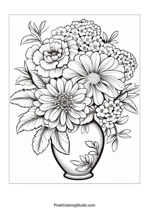 A decorative vase brimming with diverse flowers.